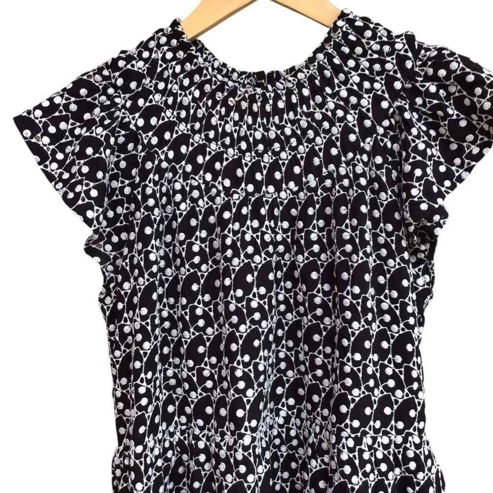 Loft Black White Eyelet Smocked Yoke Cap Sleeve Swing Dress Size SP NEW - Picture 7 of 11